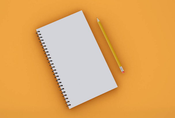 3D Illustration. Blank empty spiral notebook mockup template with pencil on isolated background. Design concept. - Photo, image