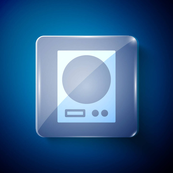 White Electronic scales icon isolated on blue background. Weight measure equipment. Square glass panels. Vector Illustration - Wektor, obraz