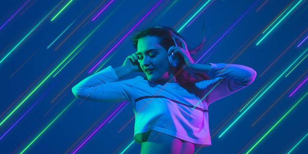 Neon lighted, colored portrait with neon lines, flyer, proposal - Zdjęcie, obraz