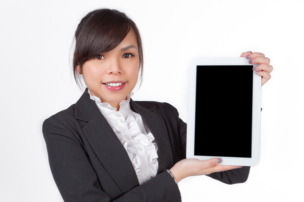 Asiatique femme holding board, écran noir pour texture
 - Photo, image