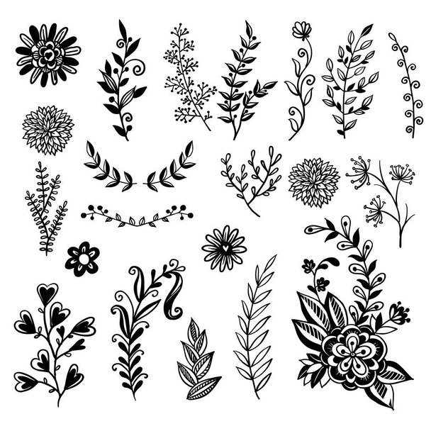 A set of hand-drawn plants. Doodle plants in retro style. Vector illustration - ベクター画像