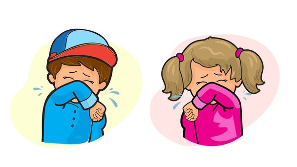 маленька дівчинка і хлопчик кашляє в лікоть ізольовані на білому тлі, соціальна відстань, приклад чхання, захист від вірусів 2024, громадський чхання, концепт мультфільм милий персонаж, грип, кашель значок ліктя - Вектор, зображення