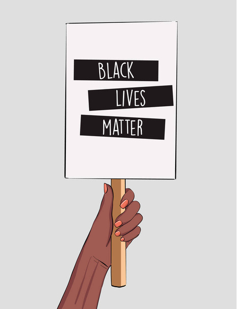 Musta mies protesti lopettaa rasismin pystysuora banneri. Mustien elämillä on väliä. Afrikkalainen amerikkalainen käsi julisteella. Suvaitsevaisuus, hyväksyntä, syrjinnän torjunta, ihmisten tasa-arvo poliittinen malli. Vektori. - Vektori, kuva