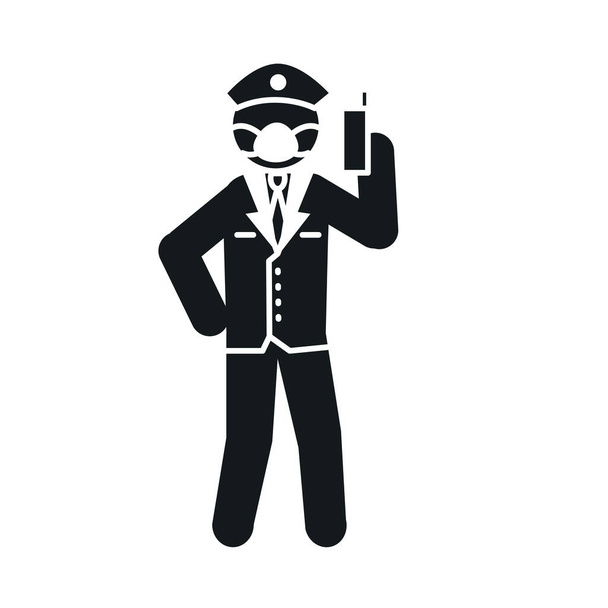 Piktogramm Polizist mit Schutzmaske und Handy in der Hand, Silhouettenstil - Vektor, Bild