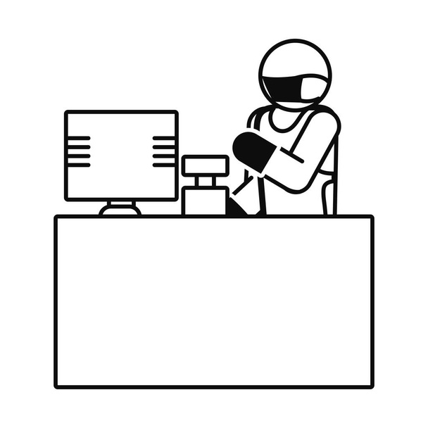 Piktogramm Mann mit Schutzmaske und Arbeit am Schreibtisch, Linienstil - Vektor, Bild