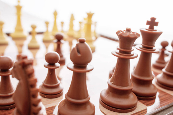 チェス盤のチェス駒のイメージ。世界チェスの日。国際チェスデー。7月20日。サイドビュー。閉鎖だ。白地だ。正面図を中心に - 写真・画像