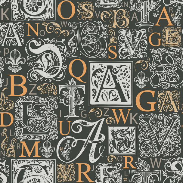 Vector seamless pattern with capital letters and hand-drawn initial letters on a dark backdrop. Decorative background with alphabet letters. Suitable for wallpaper, wrapping paper or fabric - Vektor, Bild