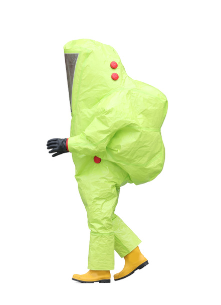 man with yellow protective anti-contagion suit and automatic respirator on a white background - Photo, Image