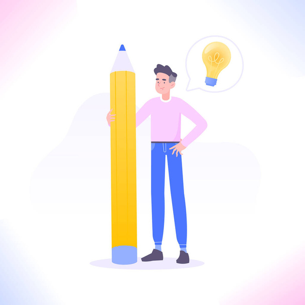 Copywriting, blogging or content making concept. Young copywriter man standing with big pencil and have an idea. Creativity, writing text and working as freelancer concept, vector illustration - Vector, Image
