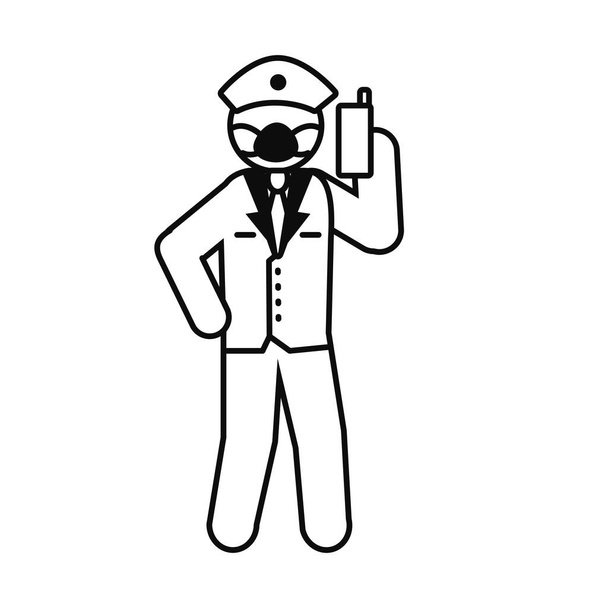 Piktogramm Polizist mit Schutzmaske und Handy in der Hand - Vektor, Bild