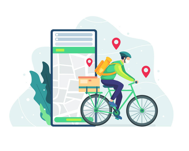 Delivery and courier service concept. Courier bicycle delivery man with parcel box on the back. Delivery man riding bicycle, Deliver food or packages in time. Bicycle courier, Vector in flat style - Vector, imagen