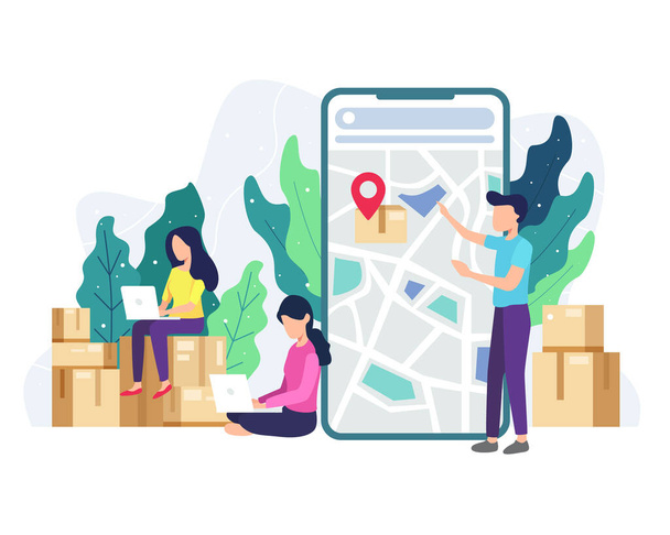 Vector illustration Delivery tracking concept. People tracking the package being sent. Online service delivery, Concept of free, fast delivery, shipping. Vector illustration in a flat style - ベクター画像