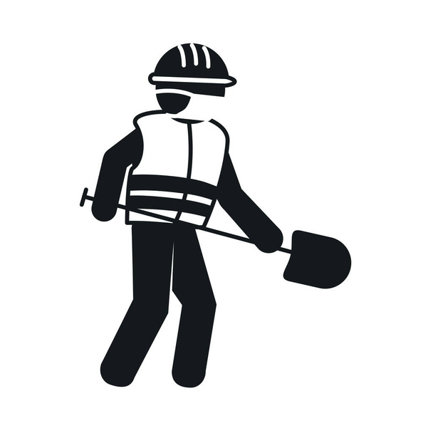 строитель пиктограммы с защитным шлемом и маской, держащий лопату, в стиле силуэта
 - Вектор,изображение