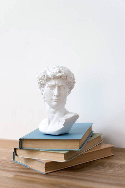 Gipsz szobor David fejéről egy könyvespolcon. Michelangelo Dávid-szobor vakolat másolata könyveken áll.Ókori görög szobrászat, hősszobor a fa asztalon.Oktatás koncepció, szabad hely a szövegnek. - Fotó, kép