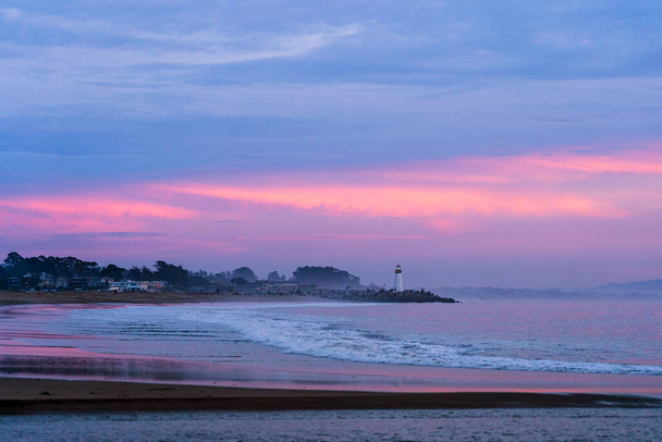 Santa Cruz Breakwater Lighthouse in Santa Cruz, California at sunset - Photo, Image
