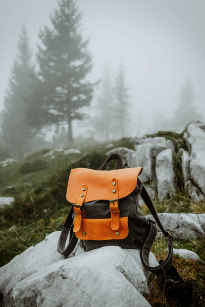 Brown backpack of traveler stands on stones in forest. Active leisure and hiking in mountains. Velika Planina, Slovenia. - Foto, immagini