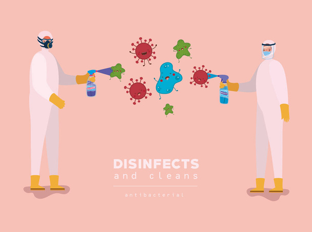 Men spraying covid 19 virus with protective suits vector design - Vector, Image