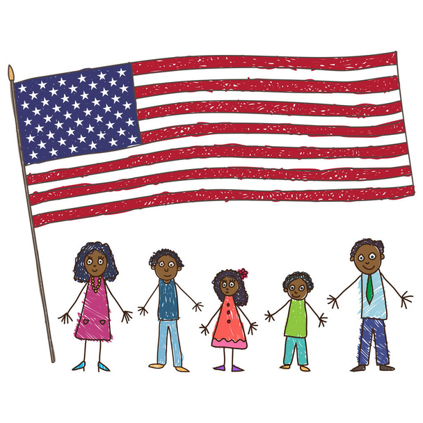 Dětský styl kreslení. Africko-americká rodina Rodina s otcem, matkou, dvěma syny a dcerou stojí pod vlajkou vektorové ilustrace Spojených států - Vektor, obrázek