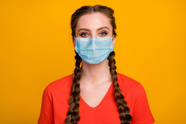 Close-up portrait of her she nice attractive pretty lovely healthy girl wearing gauze mask air pollution co2 medicine recommendation isolated bright vivid shine vibrant yellow color background - Valokuva, kuva
