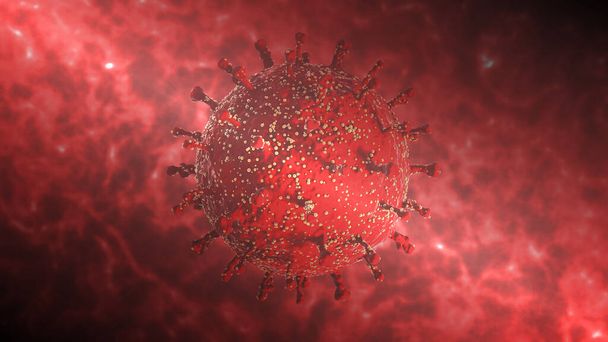 3D απόδοση κόκκινου ιατρικού υποβάθρου με βακτήρια covind-19 coronavirus. Εικονογράφηση για ιατρικά και ενημερωτικά πανό, screensavers. Η ιδέα μιας παγκόσμιας απειλής για την ανθρωπότητα. - Φωτογραφία, εικόνα