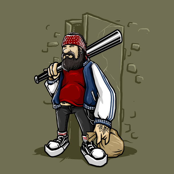 Gangster Bad Boy mit Fledermausstock und rotem Kopftuch - Vektor, Bild