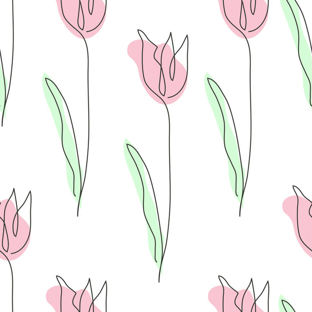 Elegant seamless pattern with tulip flowers, design elements. Floral  pattern for invitations, cards, print, gift wrap, manufacturing, textile, fabric, wallpapers. Continuous line art style - Vector, Image