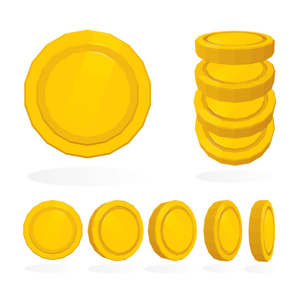 Goldene Münzen in verschiedenen Positionen. Satz Goldmünzen im Wechsel. Vektor-Illustration isoliert auf weißem Hintergrund. Teil des Sets.  - Vektor, Bild