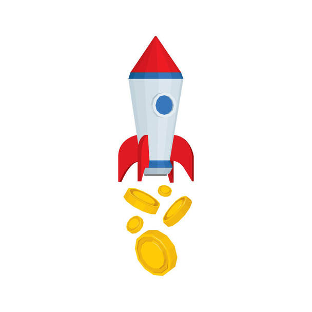 Rakéta felszállás. Startup koncepció illusztráció rakéta és arany érmék. Pénzügyi és tőkésítési sikeres nő metafora grafikus. A készlet része.  - Vektor, kép