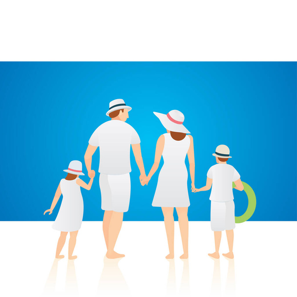 Onnellinen perhe, kesä, ranta ja sininen meri konsepti kuvitussarja. Nuori pari, isä, äiti, poika, tytär, veli ja sisko takaa katsottuna. Osa sarjaa. - Vektori, kuva