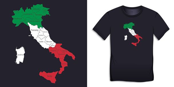 Impresión para el diseño gráfico de la camiseta con mapa de Italia en los colores del vector de la bandera italiana
 - Vector, Imagen