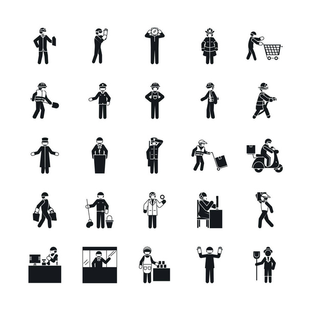Piktogramm Menschen und wesentliche Arbeiter Icon Set, Silhouette-Stil - Vektor, Bild