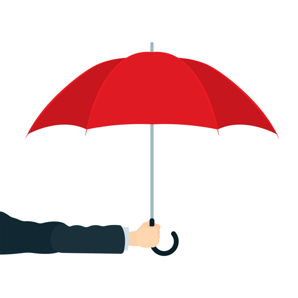 Ręka z parasolem. Mężczyzna ręka trzymając czerwony parasol wektor ilustracji. Metafora pojęcia ubezpieczenia i bezpieczeństwa. Część zestawu. - Wektor, obraz