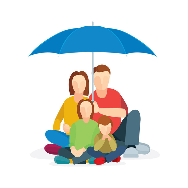 Young family house concept. Couple and their childs are sitting on the floor under umbrellas. Vector illustration, part of set. - Vector, Image