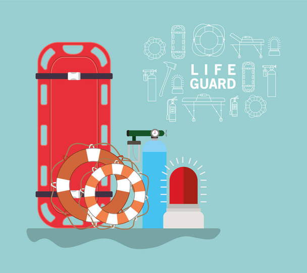 Lifeguard siren strecher oxygen cyclinder and lifebuoy vector design - Vector, Image
