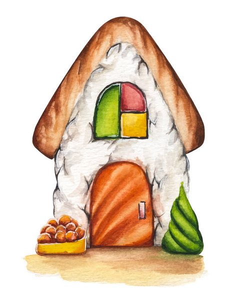ロールや寿司のように見える2階建ての家の手描きベクトルイラスト。鮭、米、わさび、うなぎ、海苔など日本の食材を使った水彩の家。ポストカード、メニュー、招待状、ポスターの装飾要素 - ベクター画像
