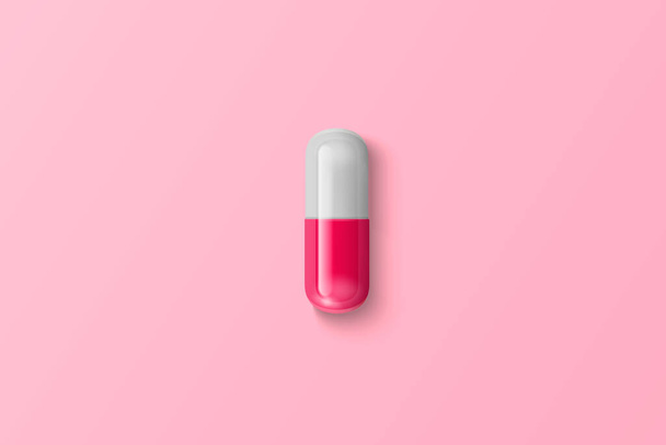 Vector Realistic 3d Pink, White Medical Pill Closeup Isolated on Pink Background. Design Template for Graphics, Banners. Female Health Concept. Women s Health Care, Vitamins and Supplements. Top View - ベクター画像