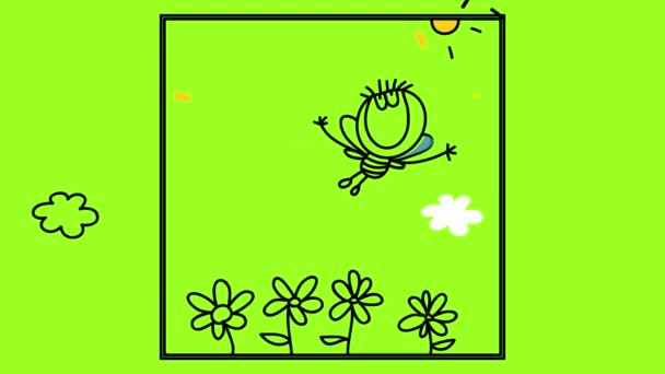 Moto di elementi che formano una scena carina all'interno di una cornice con api felici con i corpi di due bambini che volano su un giardino con fiori colorati in una giornata soleggiata sotto le nuvole soffici bianche - Filmati, video