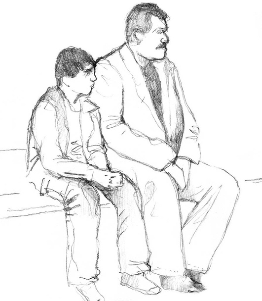 Met de hand getekend schets van man met zoon - Foto, afbeelding