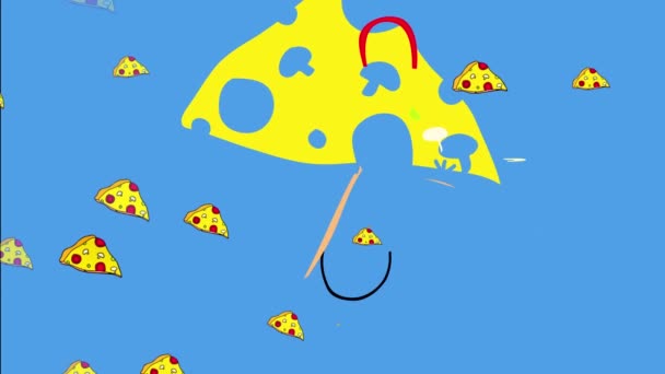 Pomppiva tasainen elementit muodostavat maukkaita Pizza viipaleita esiintyy ja katoaa sinisellä taustalla luoda viileä väri kontrasti takana poika nostaa iso yli päätään viittaa siihen, että hän on nälkäinen - Materiaali, video