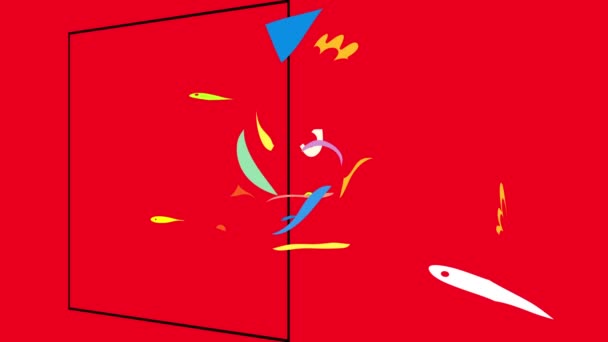 ralentizando la animación con efecto saltarín de pájaro viejo elegante con plumaje blanco y alas con plumas coloridas de pie en el perfil en una licencia rodeada de flores dentro de un marco aislado en el centro de la pantalla - Metraje, vídeo