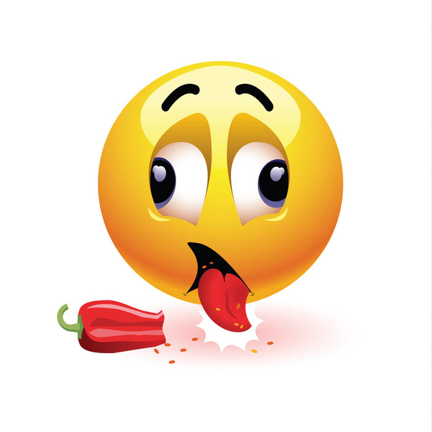 Zeer hete chili peper die pijn en angst veroorzaakt bij smiley die het eet. Humor vector illustratie. Schokkend door de eerste hap. - Vector, afbeelding