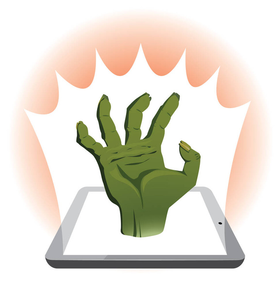Zombie hand coming out of tablet. - Vector, Image