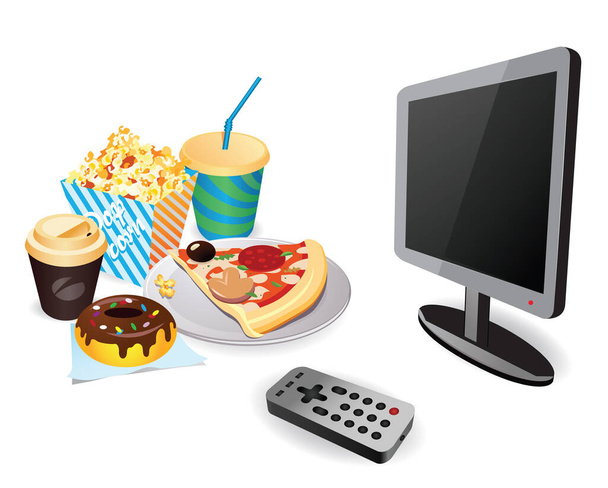 Ilustración de pantalla de TV con gran cantidad de comida rápida y remota. Pasar tiempo viendo la televisión
. - Vector, imagen