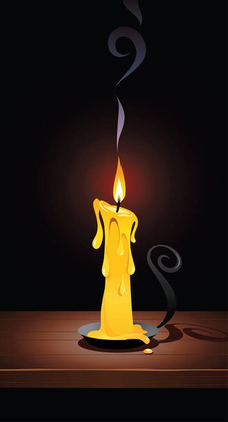 Candle burning in candlestick standing on old table. - Vector, Image