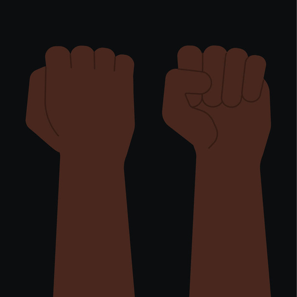 Afroamerykańska czarna pięść ustawiona z przodu i z tyłu, podniesiona zaciśnięta ręka. Czarne życia mają znaczenie, antyrasizm, rewolucja, koncepcja strajku. Ilustracja wektor akcji w stylu płaskiej kreskówki izolowane na czarno - Wektor, obraz