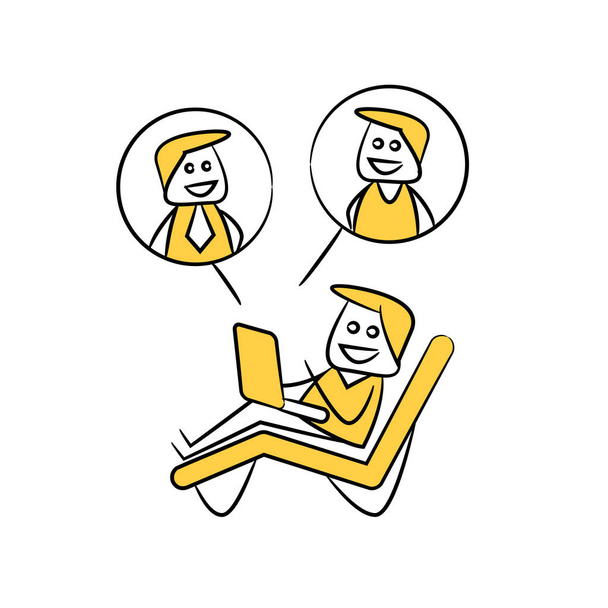 Entspannter Mann, der von zu Hause aus arbeitet und online gelbes Doodle-Thema trifft - Vektor, Bild