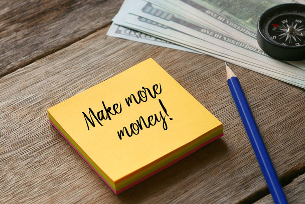 Selectieve focus van potlood, kompas, dollarbiljet en gele kleverige biljetten geschreven met Make Money Online! op houten ondergrond. - Foto, afbeelding