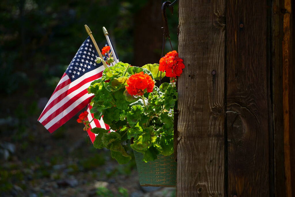 Asılan bir çiçek ekicisine takılan ABD bayraklarından yansıyan güneş ışığı. - Fotoğraf, Görsel