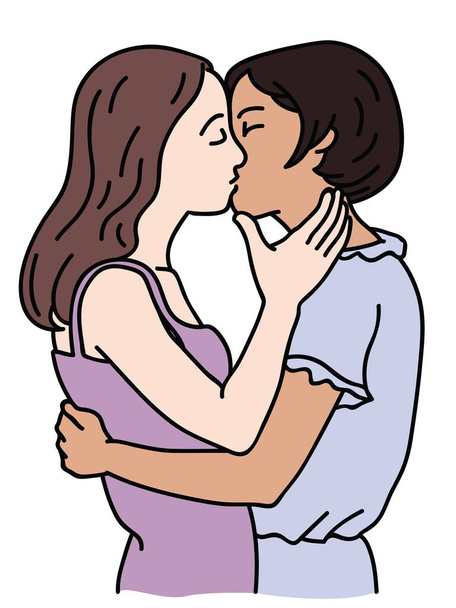 Female couple of lesbians embracing and kissing each other, concept of same sex relationship, or homosexual lifestyle. Vector illustration character, linear, thin line art, hand drawn sketch design, simple style.  - ベクター画像