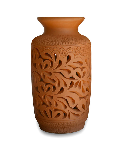 Handmade traditional Malay craft known as 'labu sayong' isolated on a white background. It is a hand made water storage container. Clay pottery arts. - Photo, Image